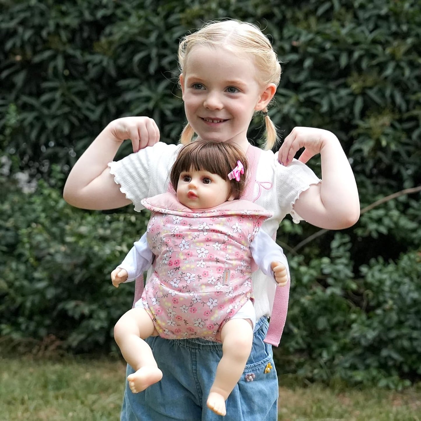 GAGAKU Baby Doll Carrier for Little Girls, Reborn Doll Accessories for Toddlers 3+ Years Old, Kids Toy Baby Dolls Sling Carrier - Pink - Moonflower