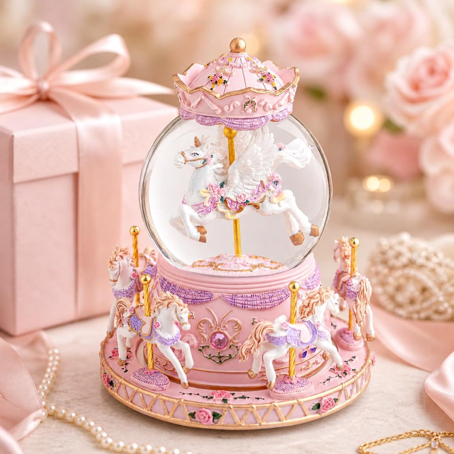 Magical Unicorn Snow Globe with “Somewhere Over the Rainbow” Music, Rotating Carousel Music Box, LED Lights & Glitter Snow, Perfect Birthday, Xmas, Valentine’s Gift, for Girls, Kids & Unicorn Lovers