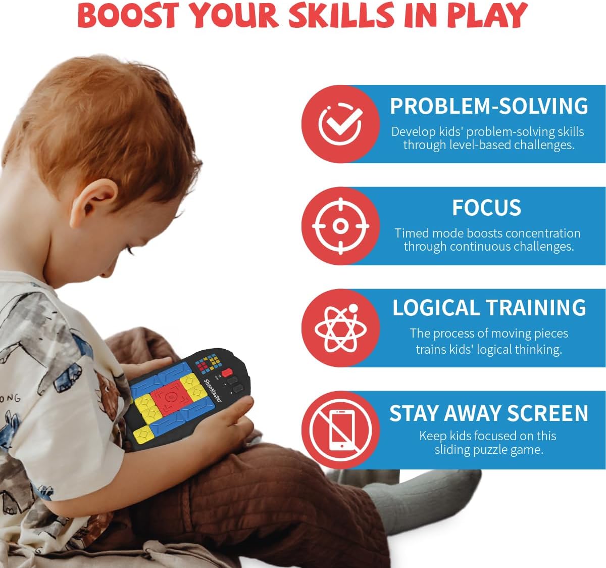 Rechargeable Super Slide Puzzle Game,Klotski Brain Toys for Kids Teens,500+ Challenges 7 Difficulty Levels for Boys&Girls,Portable Travel Games for All Ages,8-12 Gifts idea-White