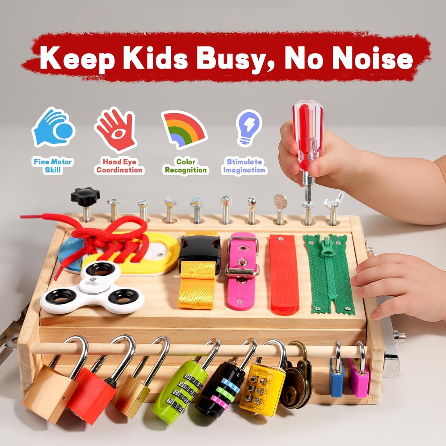 INIFEIDALA Montessori Wooden Busy Board - Fine Motor Skills Toys for 2-5 Year Old Boys Girls, Preschool STEM Life Skills Game, Latches Lock Key Sensory Toy, Screwdriver Board Set, Educational Gift