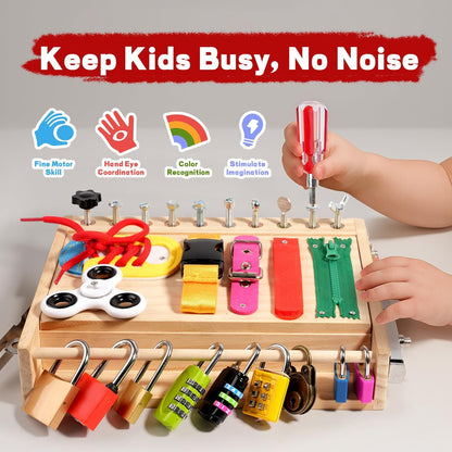 INIFEIDALA Montessori Wooden Busy Board - Fine Motor Skills Toys for 2-5 Year Old Boys Girls, Preschool STEM Life Skills Game, Latches Lock Key Sensory Toy, Screwdriver Board Set, Educational Gift