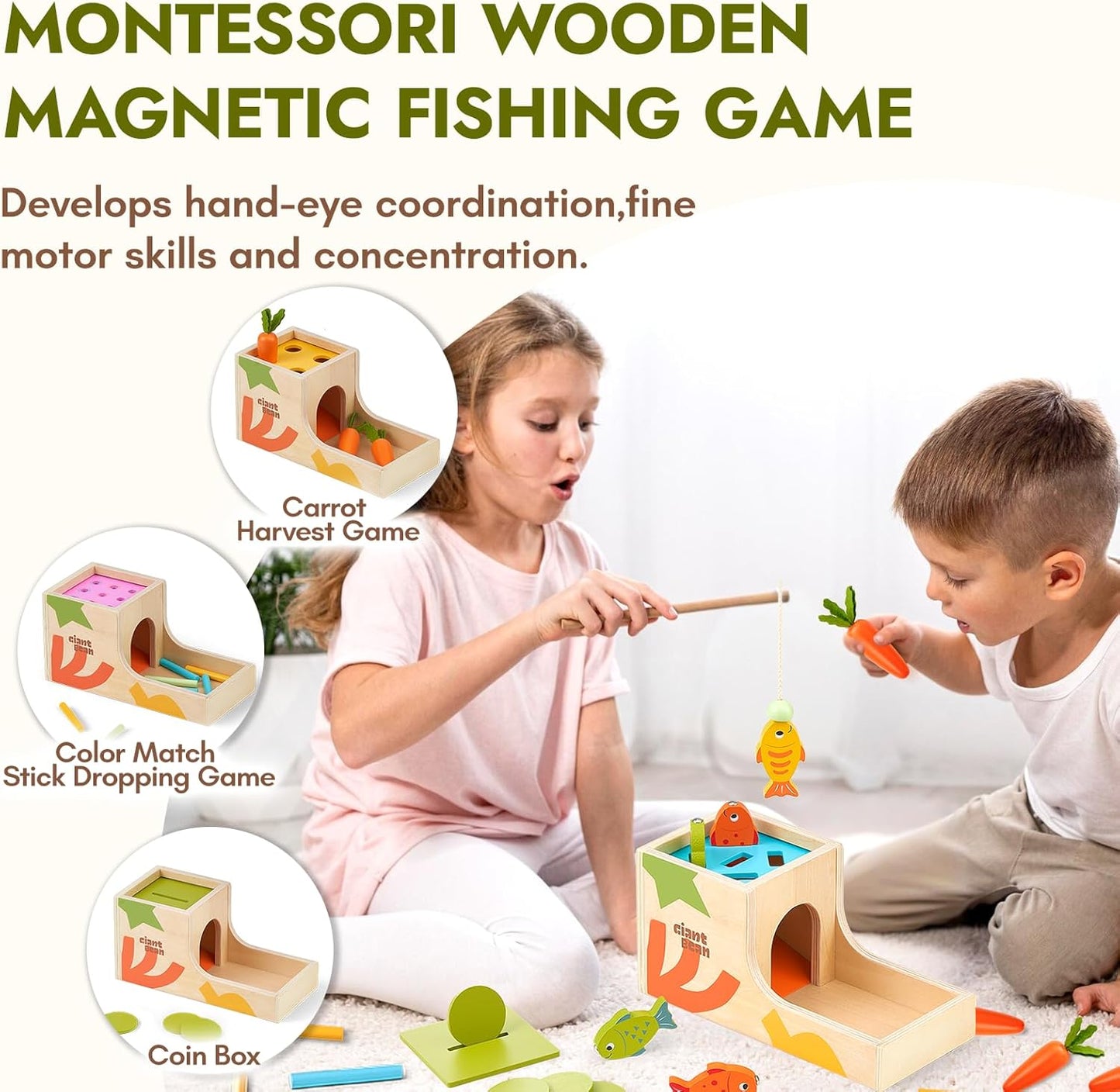 Giant bean Montessori Toys for Baby, 6-in-1 Wooden Early Education Learning Toys with Sensory Teething,Object Permanence Box,Shape Sorting Stacking Ring,Mirror Puzzle,Christmas Toy for Kid 1 2 3
