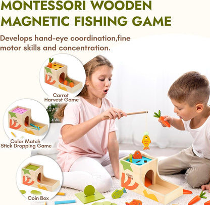 Giant bean Montessori Toys for Baby, 6-in-1 Wooden Early Education Learning Toys with Sensory Teething,Object Permanence Box,Shape Sorting Stacking Ring,Mirror Puzzle,Christmas Toy for Kid 1 2 3