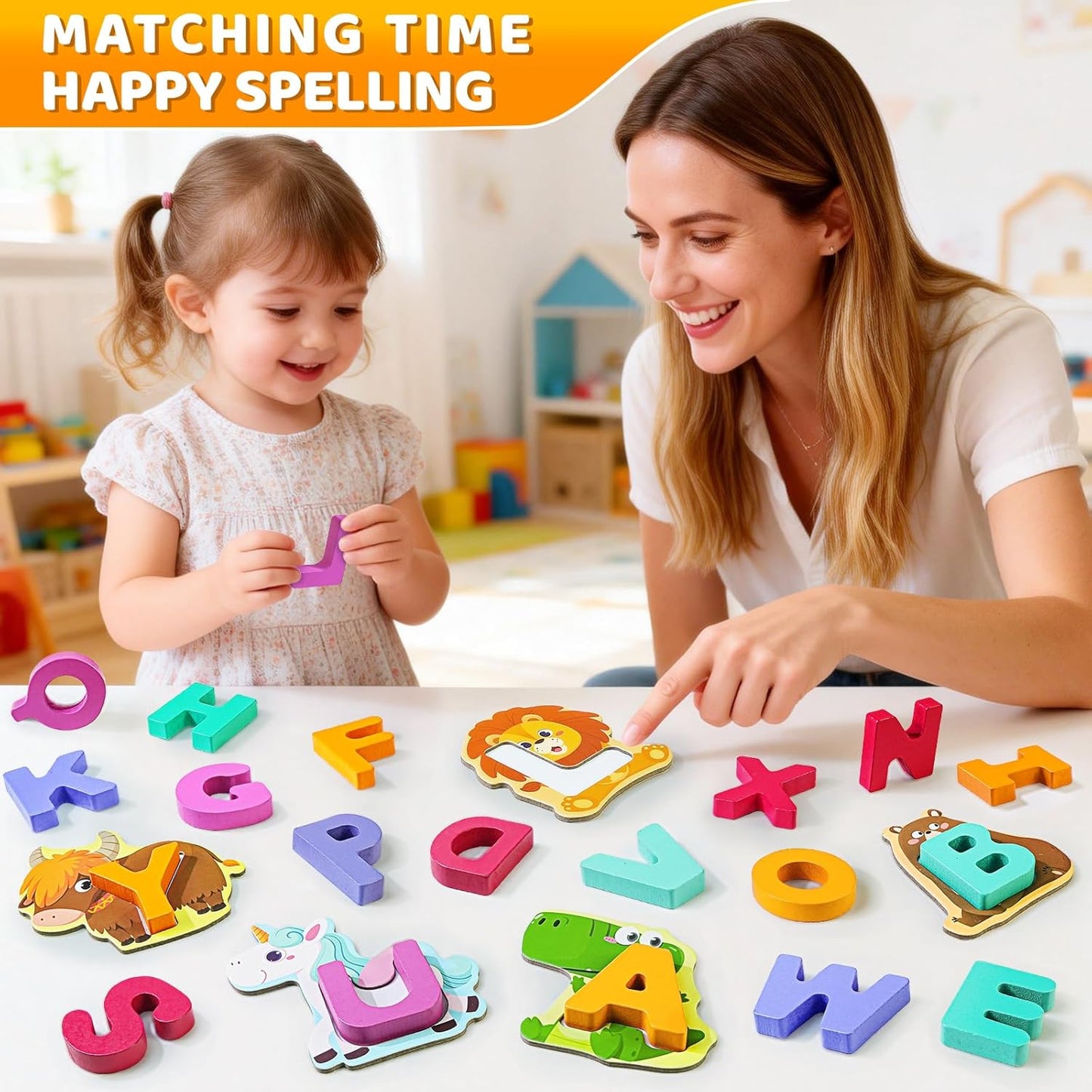 BEESTECH Animal Alphabet Flash Cards, Wooden Letter Puzzle, Educational ABC Learning Toys for 3 4 5 Year Old Boys Girls Toddlers, Preschoolers Matching Game