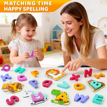 BEESTECH Animal Alphabet Flash Cards, Wooden Letter Puzzle, Educational ABC Learning Toys for 3 4 5 Year Old Boys Girls Toddlers, Preschoolers Matching Game