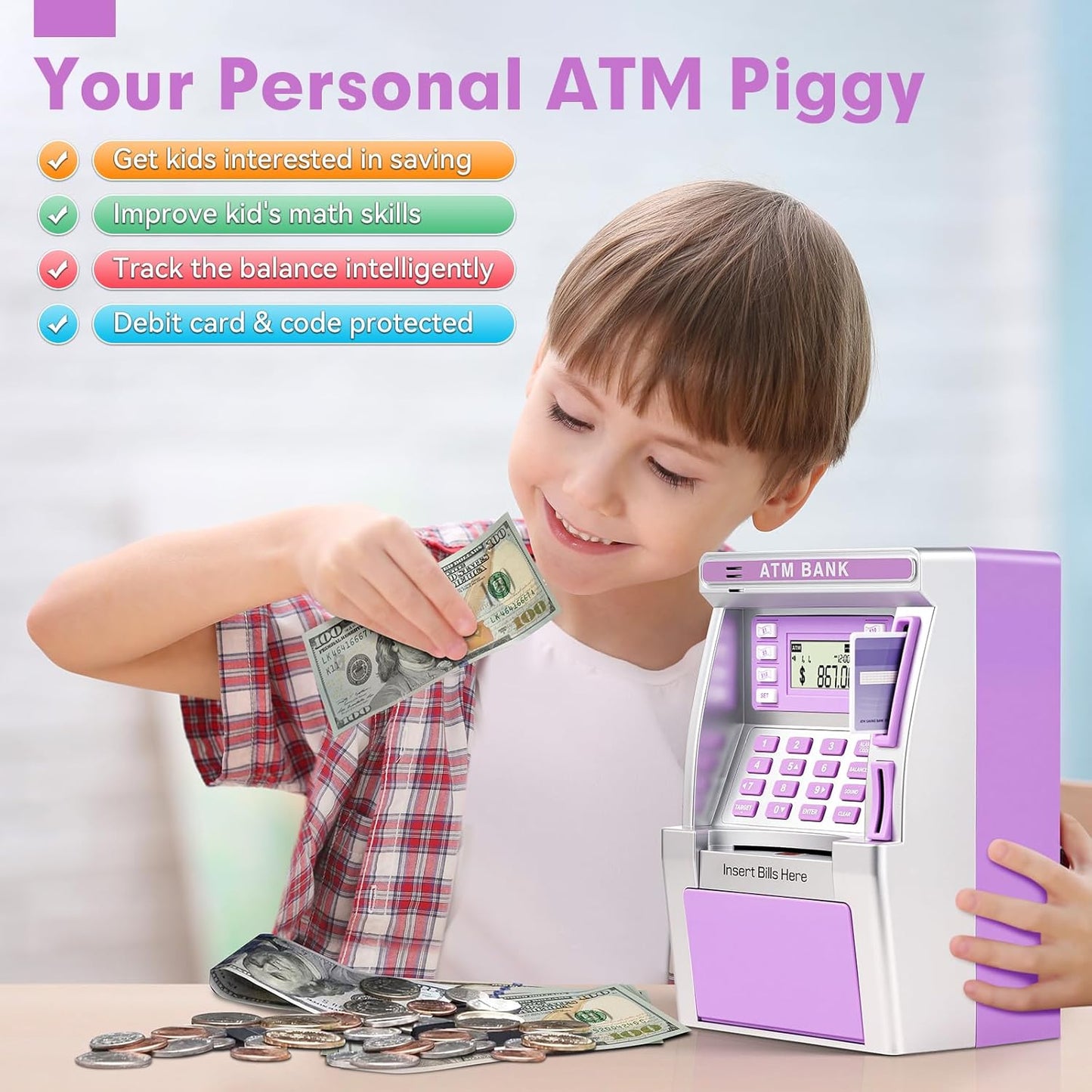 BAODLON Piggy Bank for Kids, ATM Machine Bank for Real Money with Debit Card, Bill Feeder, Coin Recognition, Balance Calculator, Electronic Savings Safe Box, Cool Stuff Toys Gifts for Teen Boys Girls