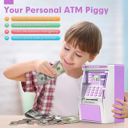 BAODLON Piggy Bank for Kids, ATM Machine Bank for Real Money with Debit Card, Bill Feeder, Coin Recognition, Balance Calculator, Electronic Savings Safe Box, Cool Stuff Toys Gifts for Teen Boys Girls