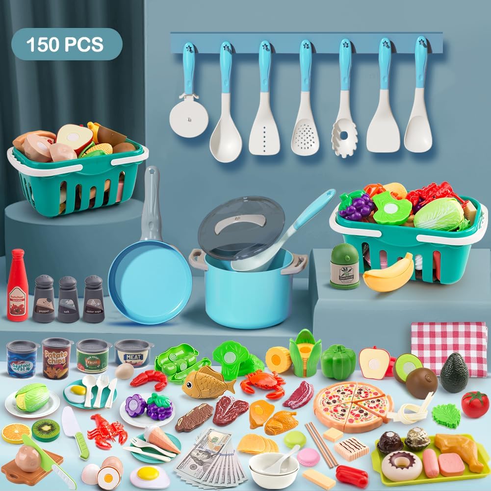150Pcs Kitchen Playset, Toddlers Pretend Cooking Cookware Accessories, Food, Picnic Blanket, Fruits, Veges, 2Pack Shopping Storage Basket, Dessert and Prop Money, Gift for Kids (Pink)