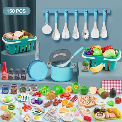 150Pcs Kitchen Playset, Toddlers Pretend Cooking Cookware Accessories, Food, Picnic Blanket, Fruits, Veges, 2Pack Shopping Storage Basket, Dessert and Prop Money, Gift for Kids (Pink)