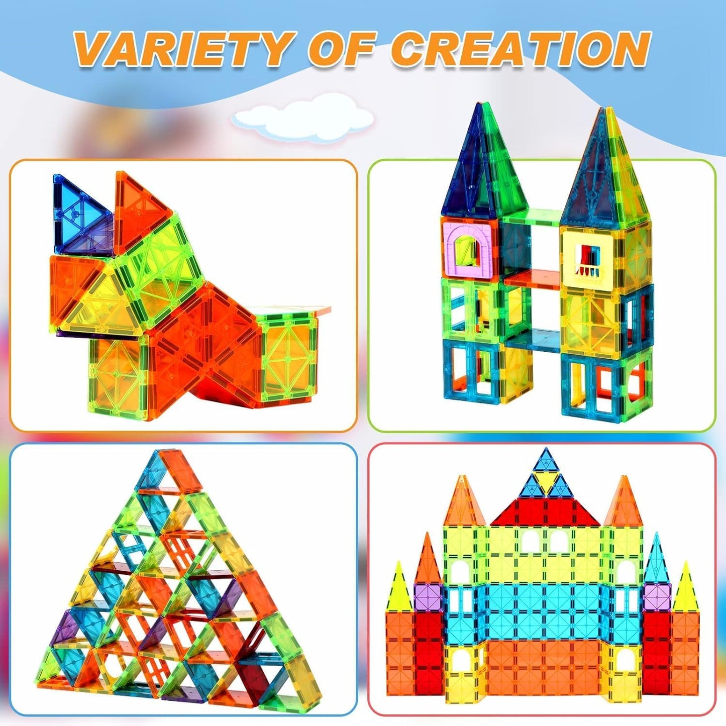 OugerToy 32-Pack Magnetic Tiles–Rainbow Builder Set, 2.95in STEM Construction Kit with Transparent Windows, Expand Creative Play for Kids