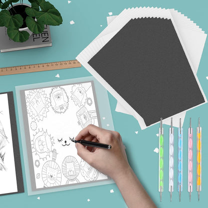 200 Sheets Carbon Paper Black Graphite Paper Transfer Tracing Paper and 5 Pieces Ball Embossing Styluses for DIY Woodworking, Paper, Canvas and Other Art Craft Surfaces