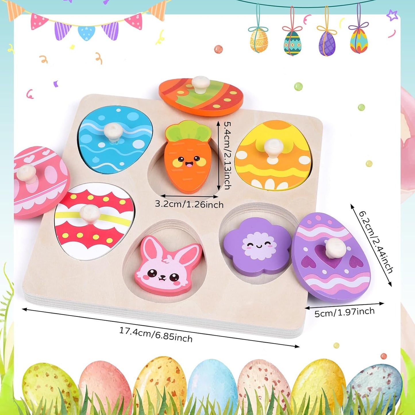 CCINEE Easter Wooden Peg Puzzles for Toddlers 1-3, 6 Pcs Matching Egg Puzzle Montessori Educational Toys for Easter Basket Stuffers Party Favors Learning Activities