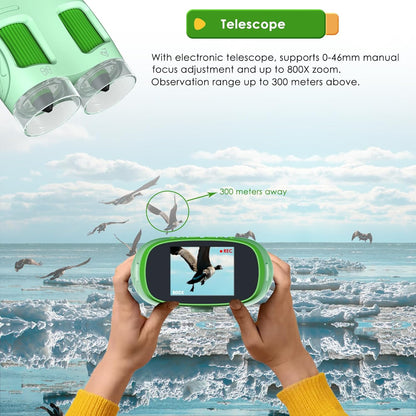 Digital Microscope for Kids, 3-in-1 2" IPS Screen Handheld Electronic Microscope Telescope Digital Camera, 800X Zoom, Taking Videos and Pictures, Adjustable LED Light, 32GB Card Included