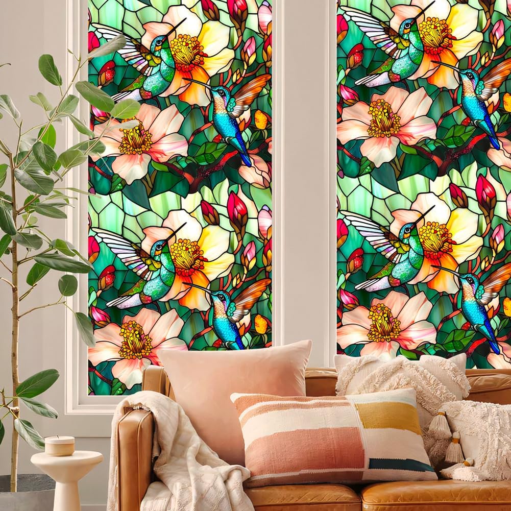JOONOR Privacy Window Film Stained Glass Window Sticker Non-Adhesive Frosted Glass Film Decorative Magnolia Flower Pattern Static Cling Decals for Home UV Blocking/Heat Insulation 17.7 x 39.4 Inch