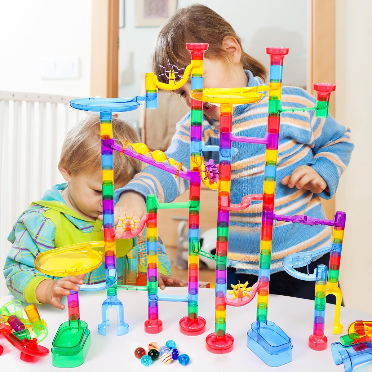 Meland Marble Run - 132Pcs Marble Maze Game Building Toy for Kid, Marble Track Race Set & STEM Learning Toys for Boy Girl Age 3 4 5 6 7 8 9+ (102 Translucent Marbulous Pcs & 30 Glass Marbles)