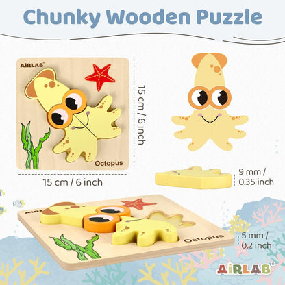 Wooden Puzzles for Toddlers 1 2 3 Year Old Animals Shape Puzzle Toys for Travel Airplane Gift for Kids Montessori Early Development Gifts for Baby Boys Girls with Drawstring Bag Pack of 4