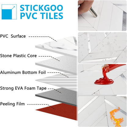 STICKGOO 10-Sheet Herringbone Tile Peel and Stick Backsplash, Beige Mixed Metal Gold PVC Stick on Backsplash, Self Adhesive Wall Tile for Kitchen and Bathroom