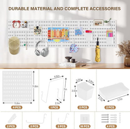 AKTOP Peg Board Wall Organizer 4-Pack – 12"x12" White Pegboard Combination Kit with 13 Accessories for Wall, Plastic Peg Board Panels for Home, Office, Garage Tool Storage & Craft Room