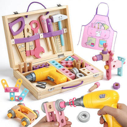 TONZE Wooden Kids Tool Set with Drill 44Pcs Montessori Toys for 3 Year Old Girl, Educational STEM Toys Toddler Tool Set with Apron & Box Birthday Gifts for 3 4 5 6 Year Old Girls（Pink ）