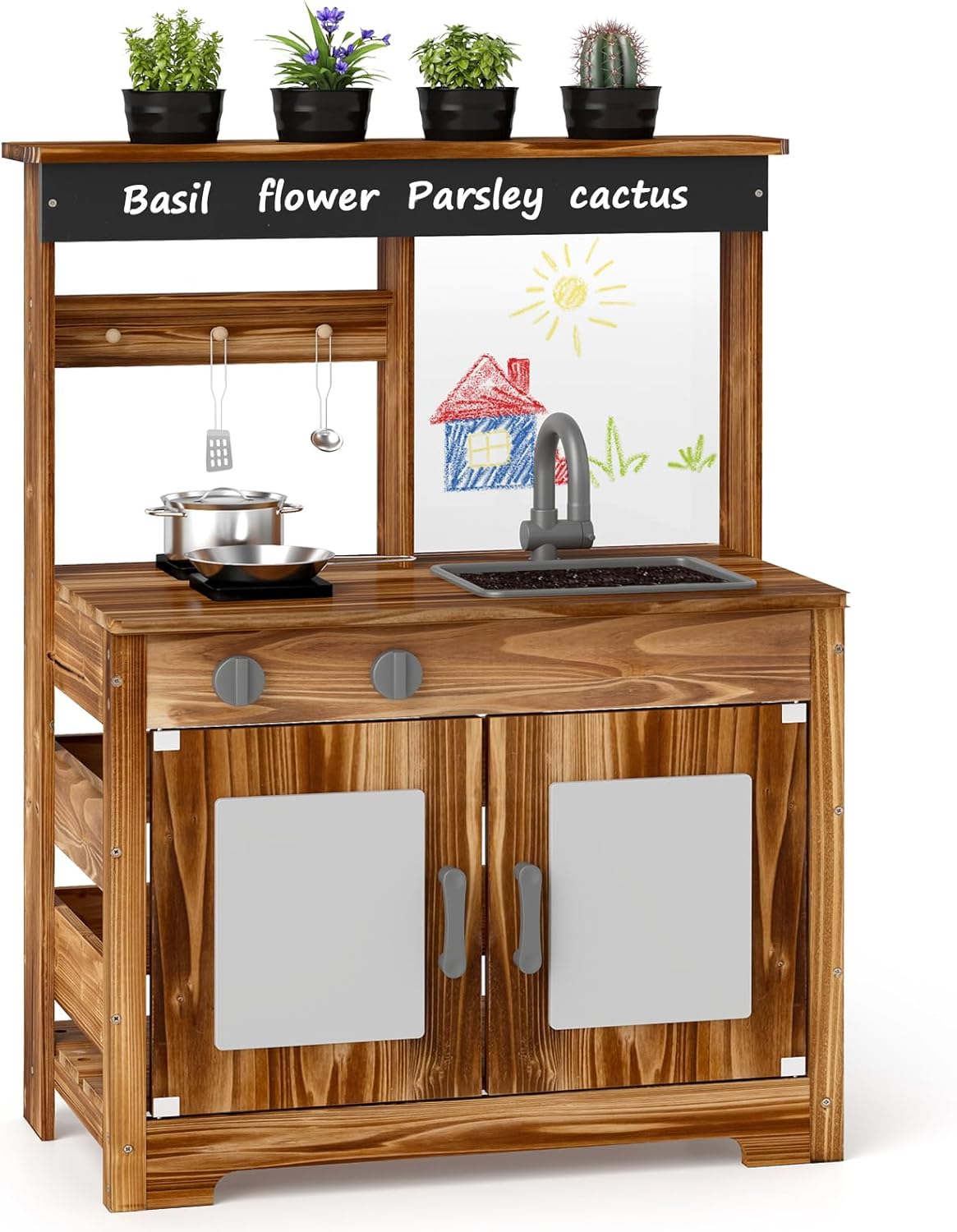KOTEK Mud Kitchen with Canopy, Outdoor Play Kitchen with Removable Sink, Chalkboard, 4 Stoves, Cooking Accessories & Storage Cabinet, Wooden Toy Kitchen Playset for Kids Age 3+