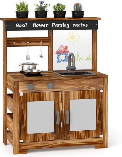 KOTEK Mud Kitchen with Canopy, Outdoor Play Kitchen with Removable Sink, Chalkboard, 4 Stoves, Cooking Accessories & Storage Cabinet, Wooden Toy Kitchen Playset for Kids Age 3+