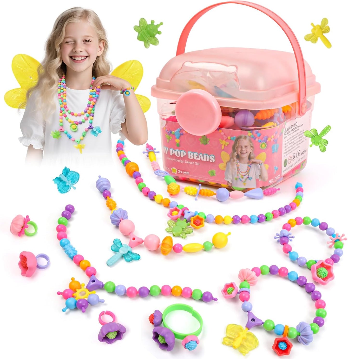 BIRANCO. Pop Beads, Jewelry Making Kit - Arts and Crafts for Girls 3-7 Years Old, Snap Beads Toys - Necklace, Bracelet, Ring Creative DIY Set - 520 pcs