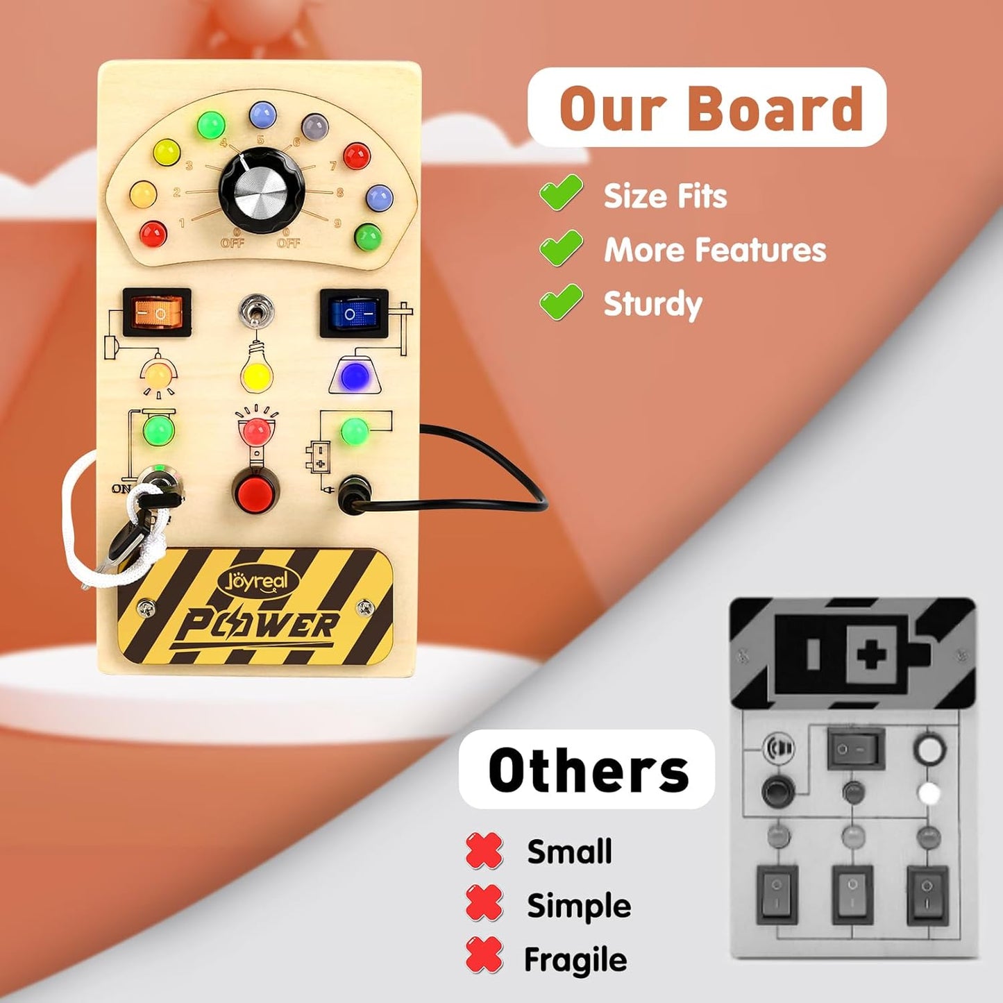 Joyreal Busy Board with 19 LED Lights and 10 Switches, Montessori Toys for 1 2 3 Year Old, Wooden Sensory Activity Board for Toddlers, Travel Toys for Toddler 1-3 Plane Car, Birthday Gifts for Girls