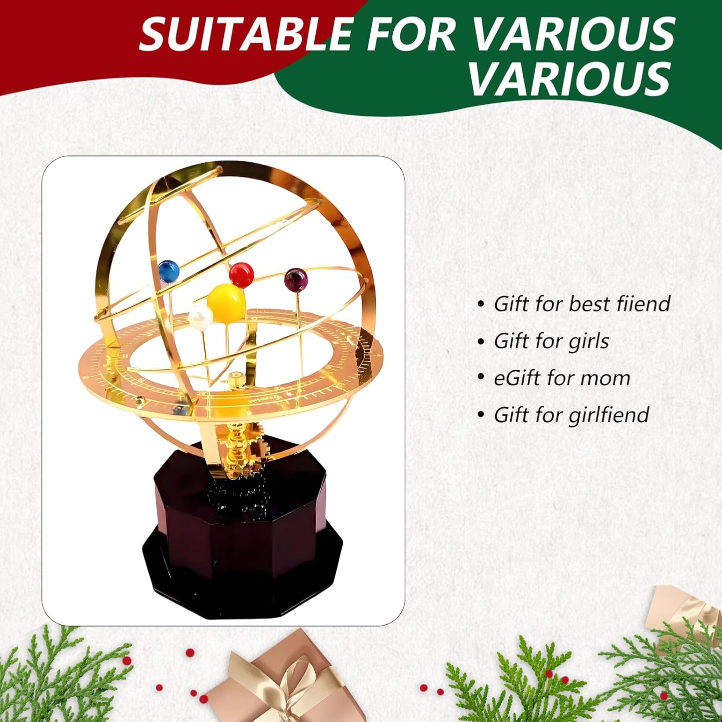 Rotating Solar System Metal Ornament - Handcrafted Orrery Model with 5 Planets, Educational Desk Decor for Astronomy Enthusiasts, Home & Office Decoration (Black)