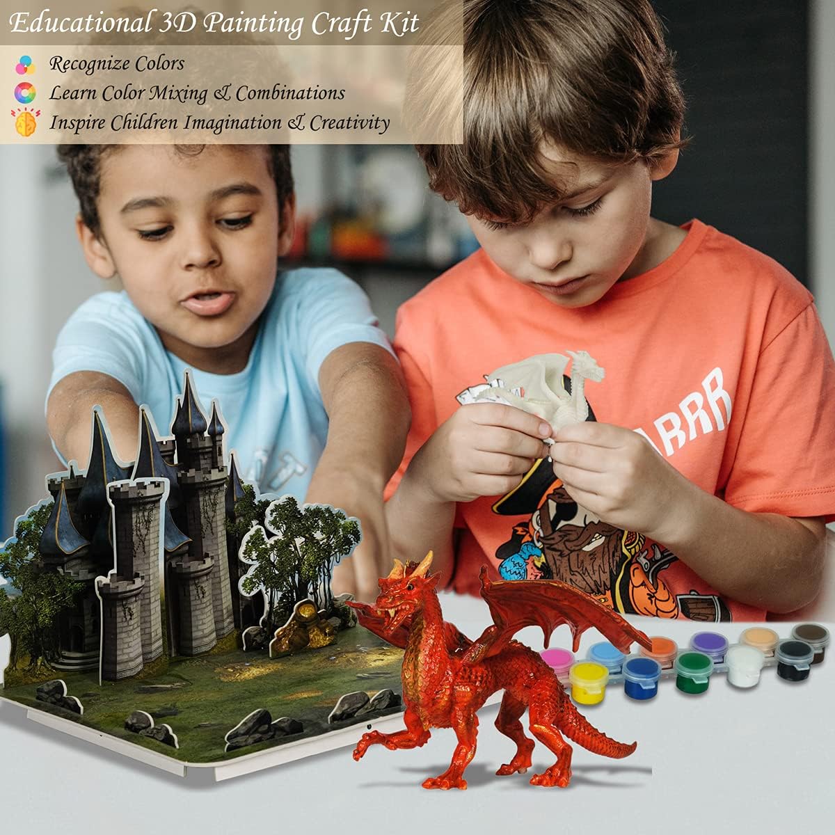 3D Dinosaurs Painting Kit with 12 Dinos for Kids Age 3-15, Arts and Crafts Kits Drawing Toys with Dinosaurs Set Creativity Gifts for Boys and Girls