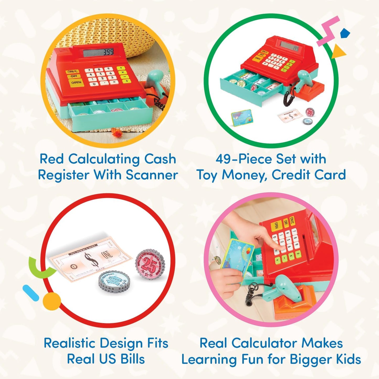 Battat – Interactive Kids Cash Register with Scanner & Sounds – 26 Pieces Pretend Play Shopping Set with Light – Up Scanner, Play Money & Card – Educational Toy for Learning & Fun – 3+ Years