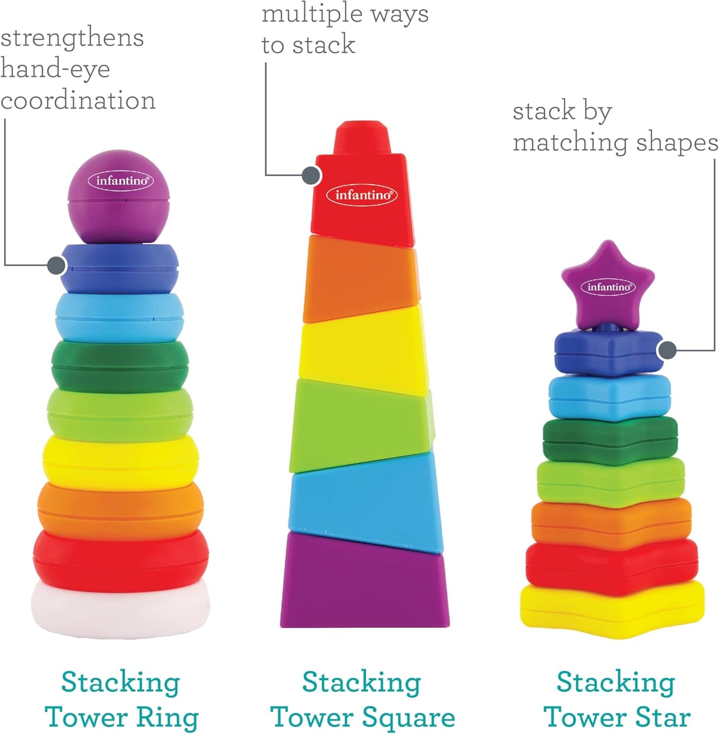 Infantino Imagination Stackers Playset, Rainbow Stacker, Rocket Stacker, Ball Stacker for Babies 12M+, 3-Style Set, 19 Pieces