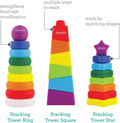 Infantino Imagination Stackers Playset, Rainbow Stacker, Rocket Stacker, Ball Stacker for Babies 12M+, 3-Style Set, 19 Pieces