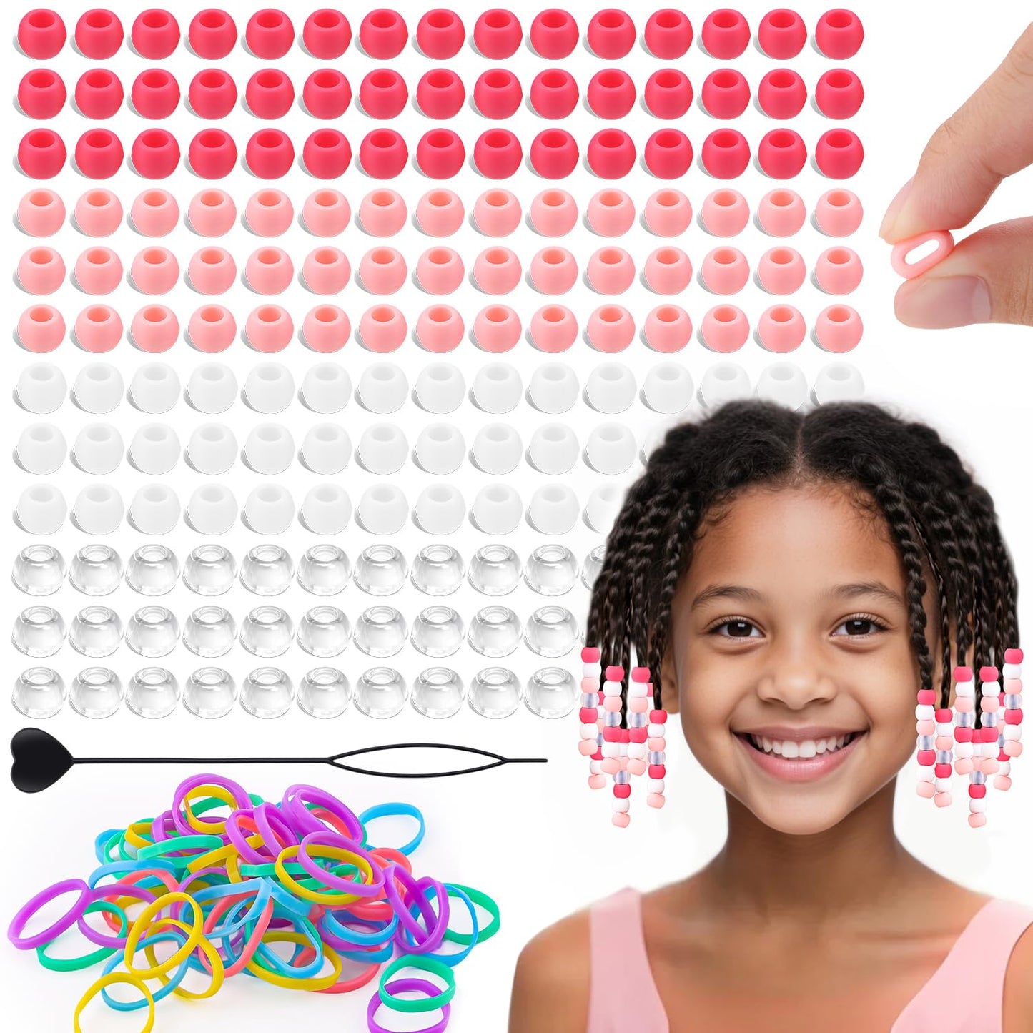 150Pcs 10mm Small Silicone Beads for Hair Braids, Soft Jellyish Pony Hair Beads with 5mm Hole + 50 Rubber Bands and 1 Beader for Braiding, DIY Bracelets Necklaces Crafts (Pink)