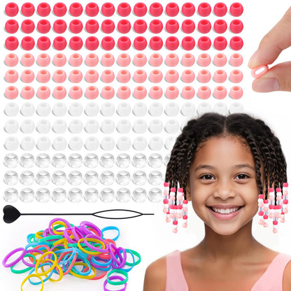 150Pcs 10mm Small Silicone Beads for Hair Braids, Soft Jellyish Pony Hair Beads with 5mm Hole + 50 Rubber Bands and 1 Beader for Braiding, DIY Bracelets Necklaces Crafts (Pink)