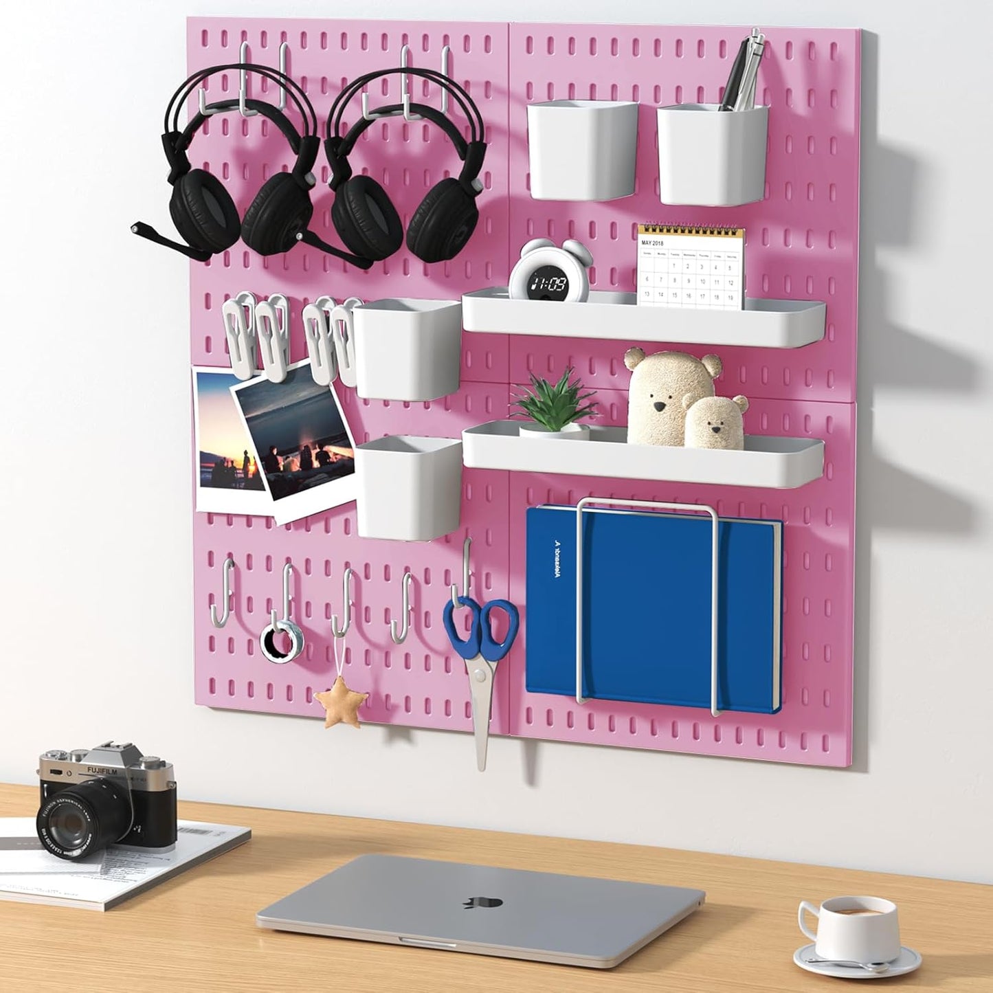 Peg Board Combination Kit, 4 Pegboards with 20 Accessories, Pegboard Wall Organizer for Office, Nursery & Home Storage, Key Holder, 25.6"x25.6" – Nail-Free Installation（White）