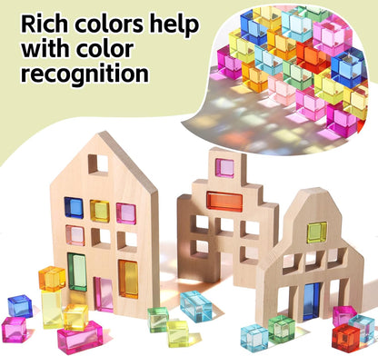 30 Pcs Mixed Acrylic Blocks Set - 10 Long (2.5x2.5x5CM) + 20 Cube (2.5x2.5x2.5CM) Rainbow Gem Blocks, Sensory Stacking Toy for 1 2 3 4 Years Old, Boys Girls Gift with Rich Building Possibilities