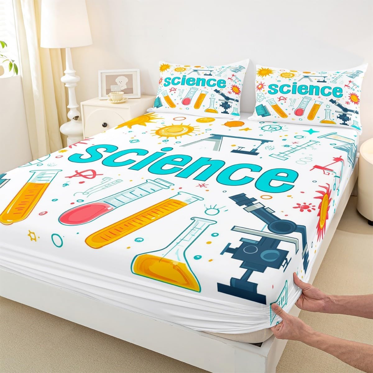 Chemistry Bed Sheets for Kids Teens Girls Boys,Chemical Experiment Fitted Sheet Twin,Science Themed Sheets for Math Lovers,Chemistry Lab Bedding Set,White and Black