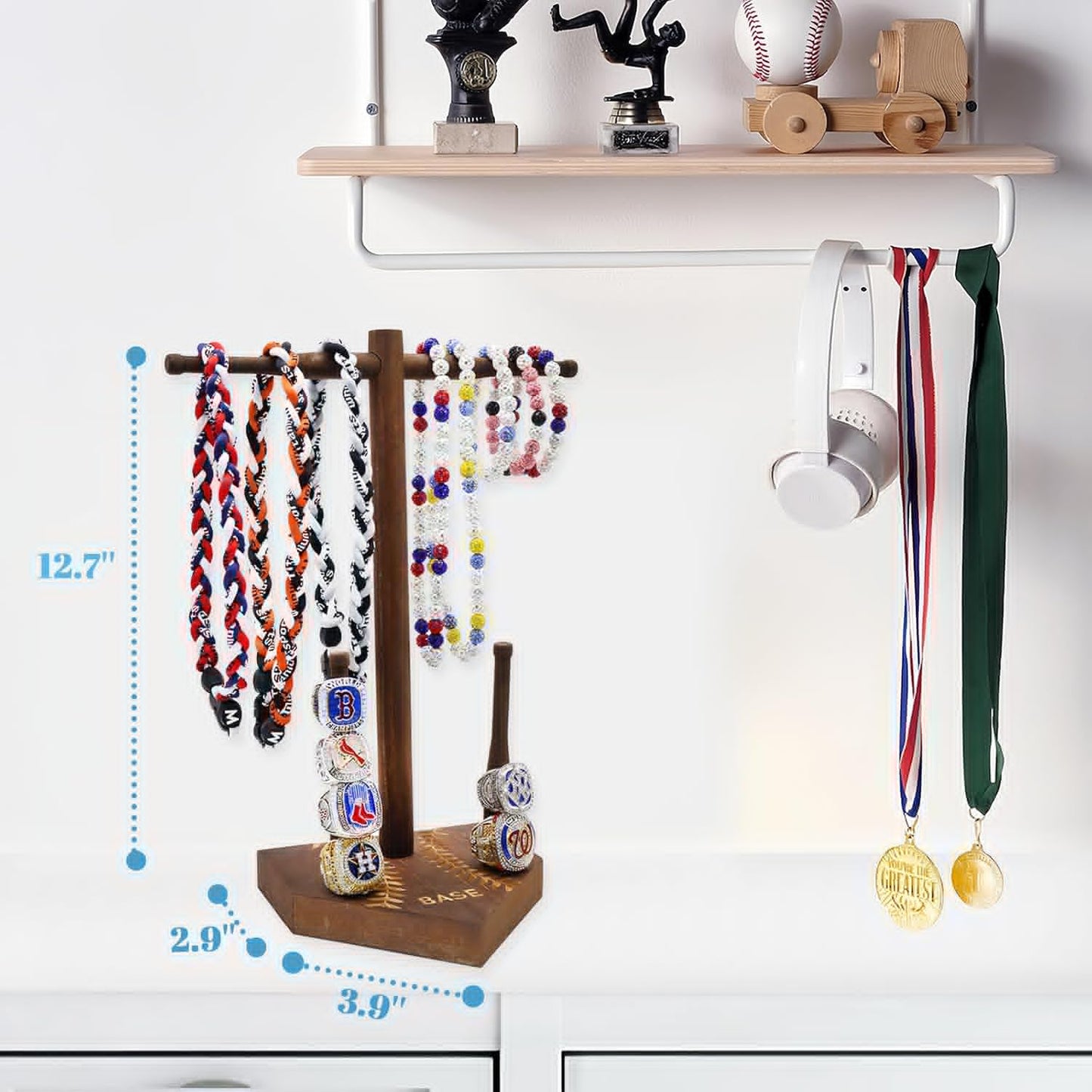 rain bunny Wooden Baseball or Softball Drip Necklace Organizer Holder, Championship Ring Display Holder, Softball Ring Holder, Drip Necklace Baseball Display Gift (Walnut Red)