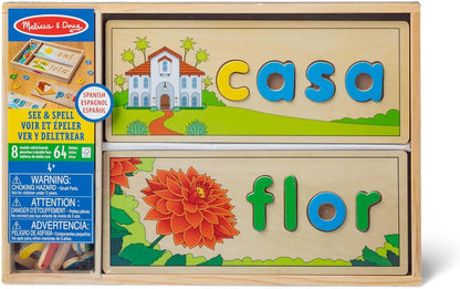Melissa & Doug See & Spell Wooden Educational Toy with 8 Double-Sided Spelling Boards and 64 Letters Preschool Learning Activities, See & Spell Learning Toys for Kids Ages 4+