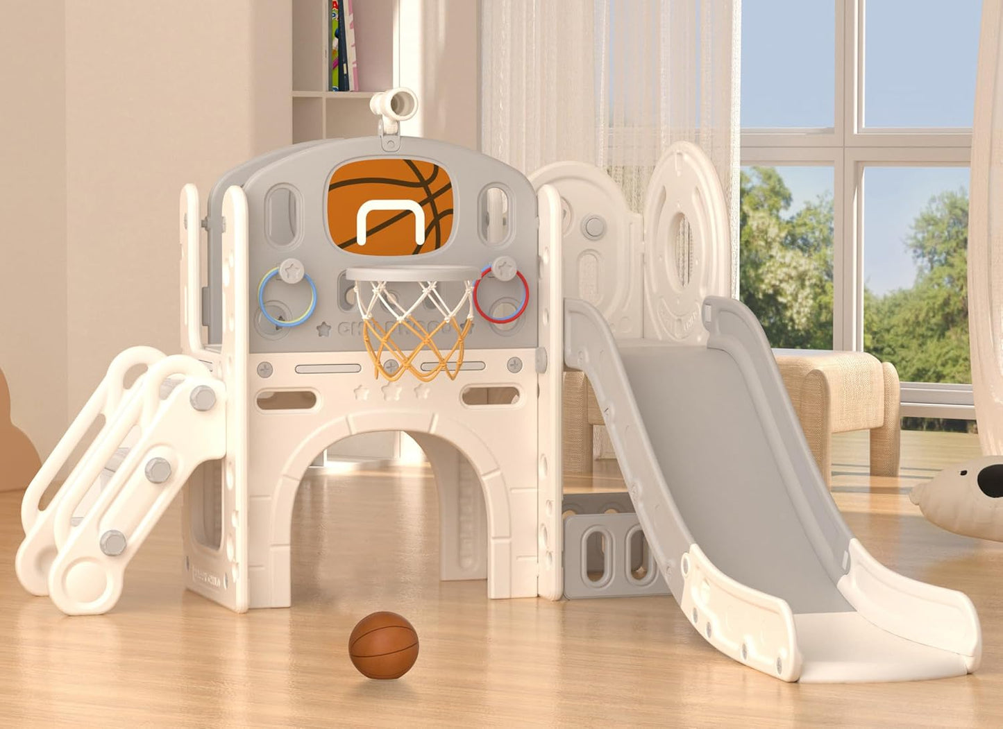 YUFU 9 in 1 Toddler Slide Set, Kids Slide for Toddlers Age 1-3, Toddler Playset with Climber and Basketball Hoop, Kids Indoor Outdoor Playground (Beige+Coffee)