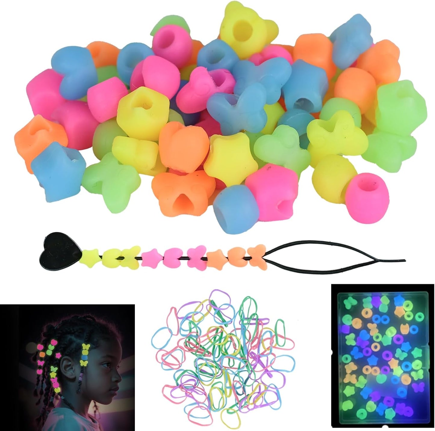 60Pcs Silicone Hair Beads for Kids Girls,5mm Colorful Soft Silicone Beads for Girls Braids Glow in The Dark Head Accessories Ties