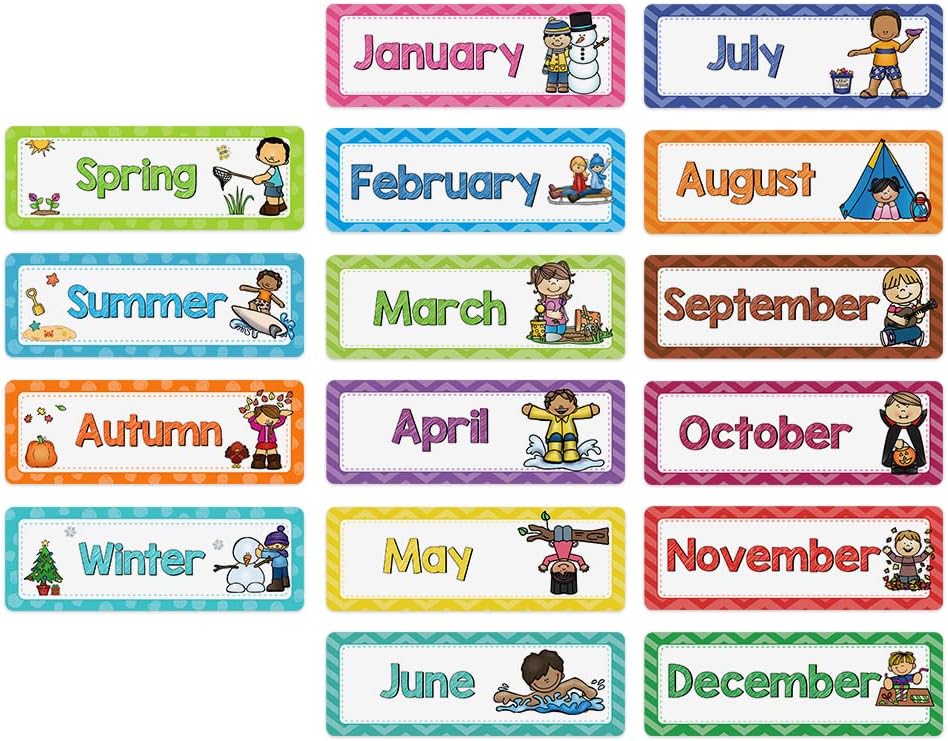 Lachilly 24 Pcs, 3 Themes Days of The Week/Seasonal/Months of The Year Flash Cards Subject Titles for Bulletin Board Headliners Classroom Decoration English Words