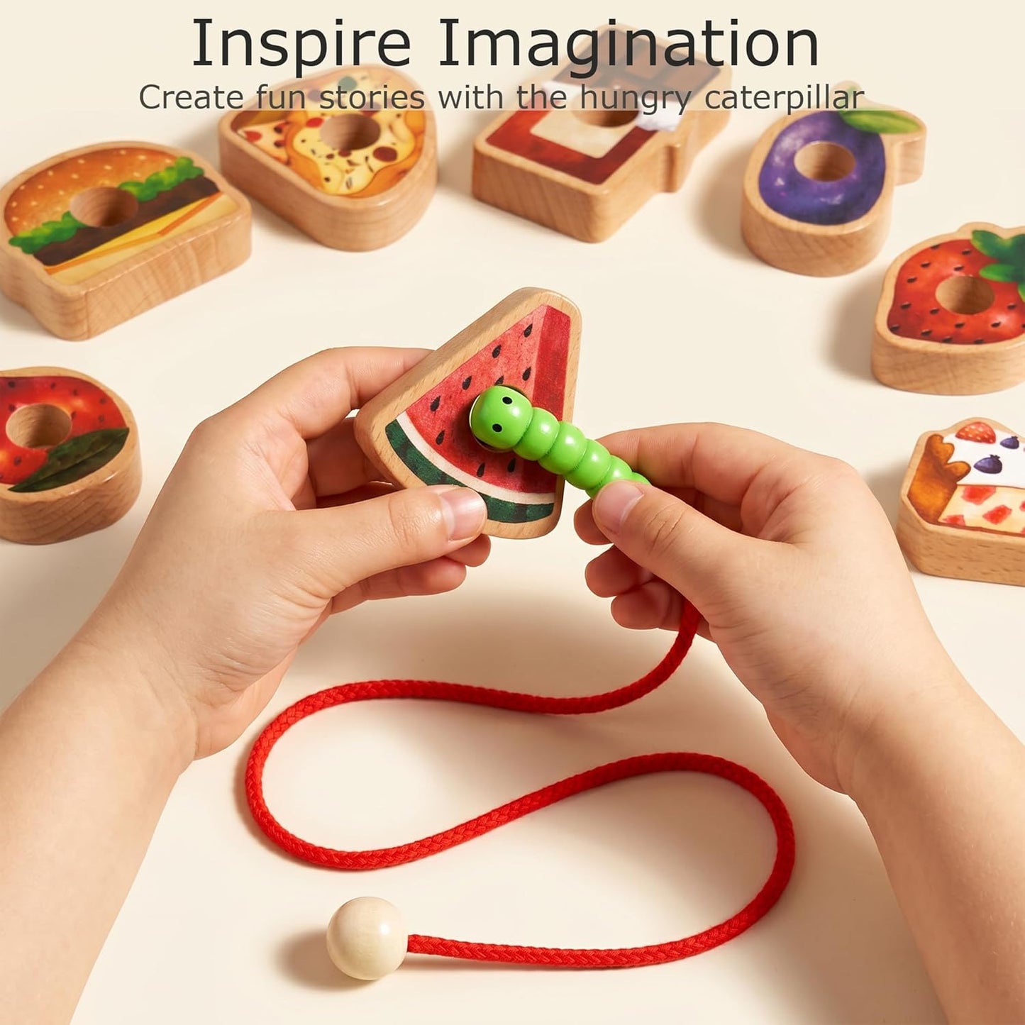 Wooden Caterpillar Lacing Toy, 18 PCS Fruit Vegetable Food Threading Beads with Pattern Cards, Montessori Fine Motor Skills Toy for Toddlers 3+ Preschool Learning Gift