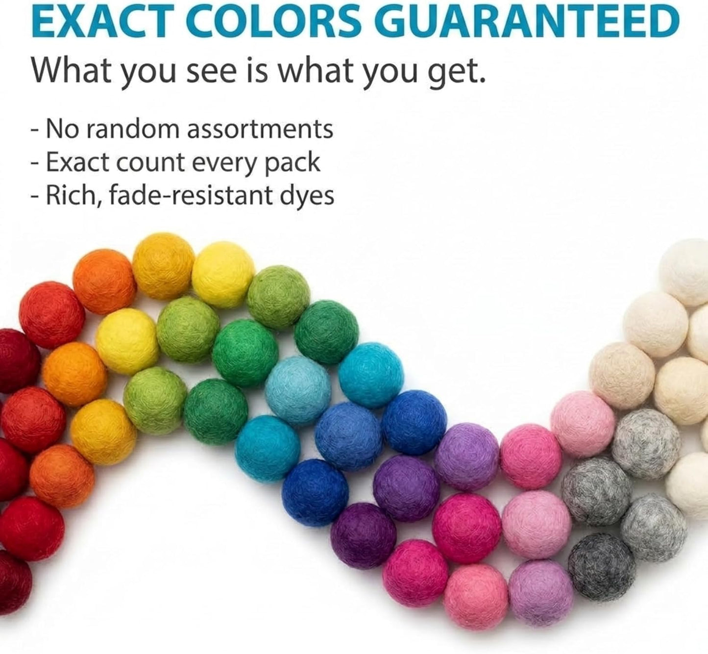 Glaciart One Felt Pom Poms, Wool Felt Balls (60 Pieces) 2 cm – 0.8 Inch, Handmade Felted 30 Color (Red, Pink, Blue, Yellow, Black, White, Pastel and More) Bulk Small Puff for Felting and Garland