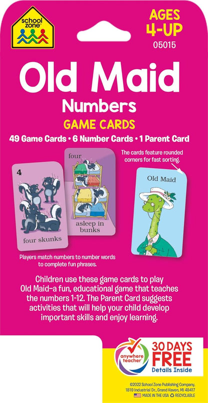 School Zone Old Maid Numbers Game Cards: 56 Cards, Preschool, Kindergarten, 1st Grade, Card Game, Numbers 1-12, Early Math, Animals, Counting, Matching, Pairing, Ages 4+