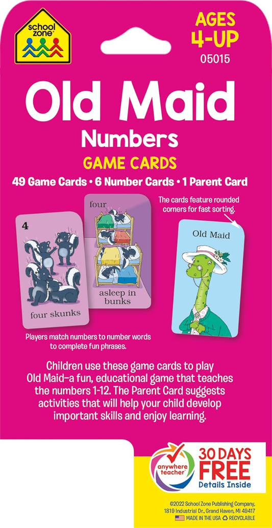 School Zone Old Maid Numbers Game Cards: 56 Cards, Preschool, Kindergarten, 1st Grade, Card Game, Numbers 1-12, Early Math, Animals, Counting, Matching, Pairing, Ages 4+