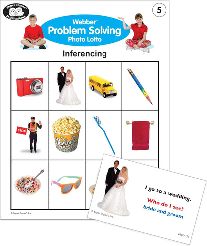 Super Duper Publications | Webber® Problem Solving Bingo, Inferencing, Sequencing, Analogies, Classifying, Predicting, and What Doesn't Belong Cards | Educational Resource for Children
