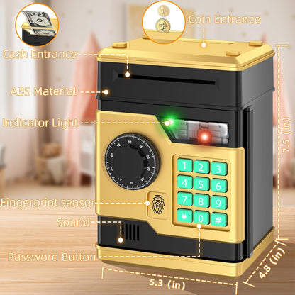 Piggy Bank, Automatic Electronic Piggy Bank for Kids Boys Girls with Password and Fingerprint Unlocking Simulation, Money Bank Kids Safe Toys for 3 4 5 6 7 8 9 10 Year Old Boy Girl (Black)