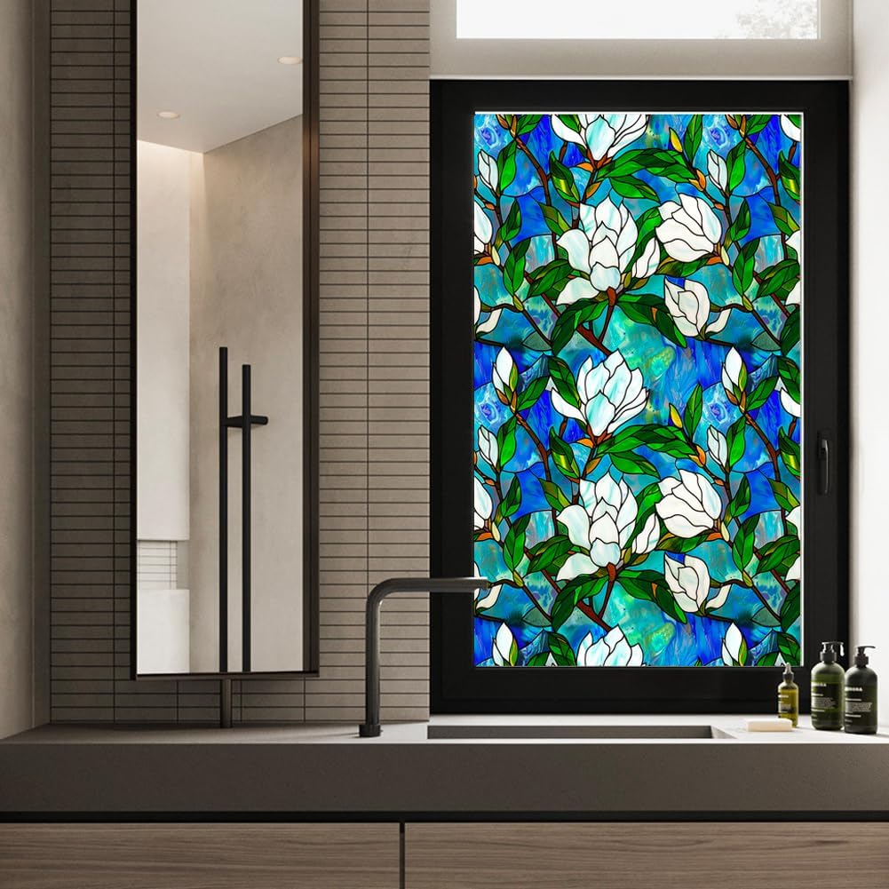 JOONOR Privacy Window Film Stained Glass Window Sticker Non-Adhesive Frosted Glass Film Decorative Magnolia Flower Pattern Static Cling Decals for Home UV Blocking/Heat Insulation 17.7 x 39.4 Inch