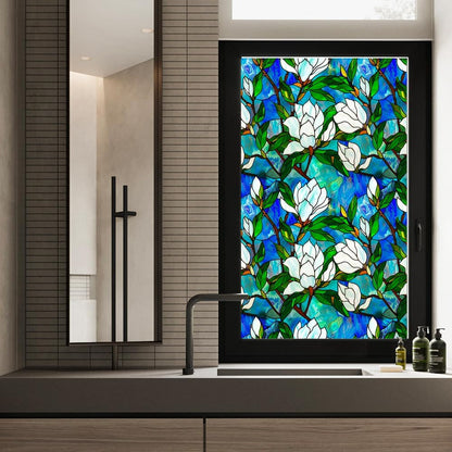 JOONOR Privacy Window Film Stained Glass Window Sticker Non-Adhesive Frosted Glass Film Decorative Magnolia Flower Pattern Static Cling Decals for Home UV Blocking/Heat Insulation 17.7 x 39.4 Inch